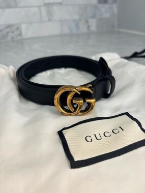 Gucci Black Leather Belt with Aged Gold Double G Buckle